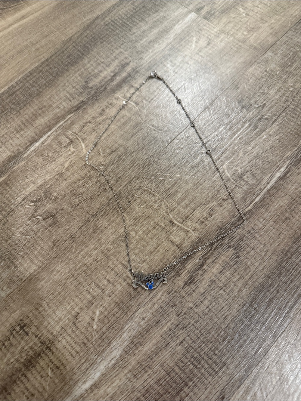 Silver-tone 'Megan' Script Necklace with Blue Mickey Ear Accent